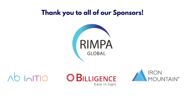 Composite graphic thanking DataVision sponsors with company logos of RIMPA, Ab Initio, Billigence and Iron Mountain